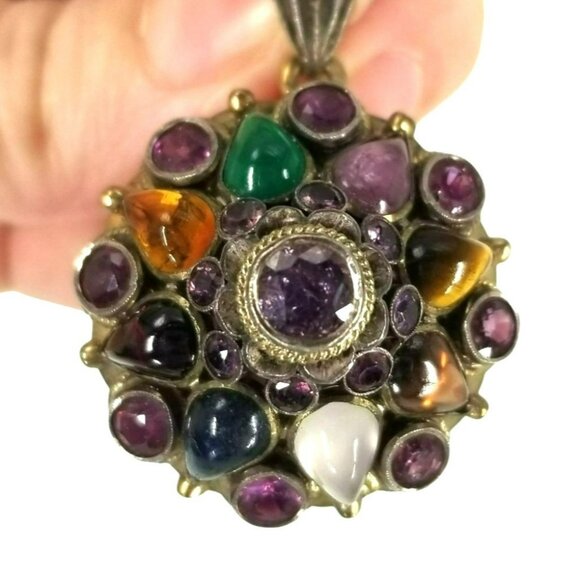 Vintage Thai Princess Harem Necklace Pendant Multi Color Gems Domed Flower - Picture 1 of 16